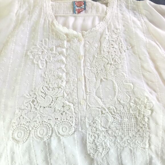 JOHNNY WAS White Embroidered Tunic Top SZ M Eyelet Short Sleeve Trapeze Dress - Picture 4 of 7